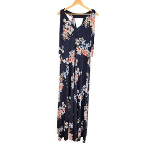 New York & Co Navy Blue Floral Stretch Maxi Dress Size XL Black W Belt New
